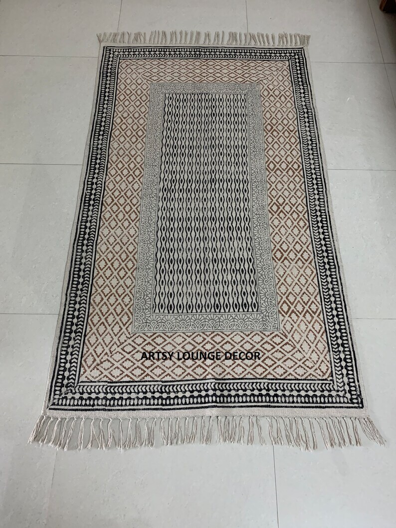 Handmade Cotton Rug Navajo Kilim Rug Block Print Rug Bohemia Area Rug Home Decor