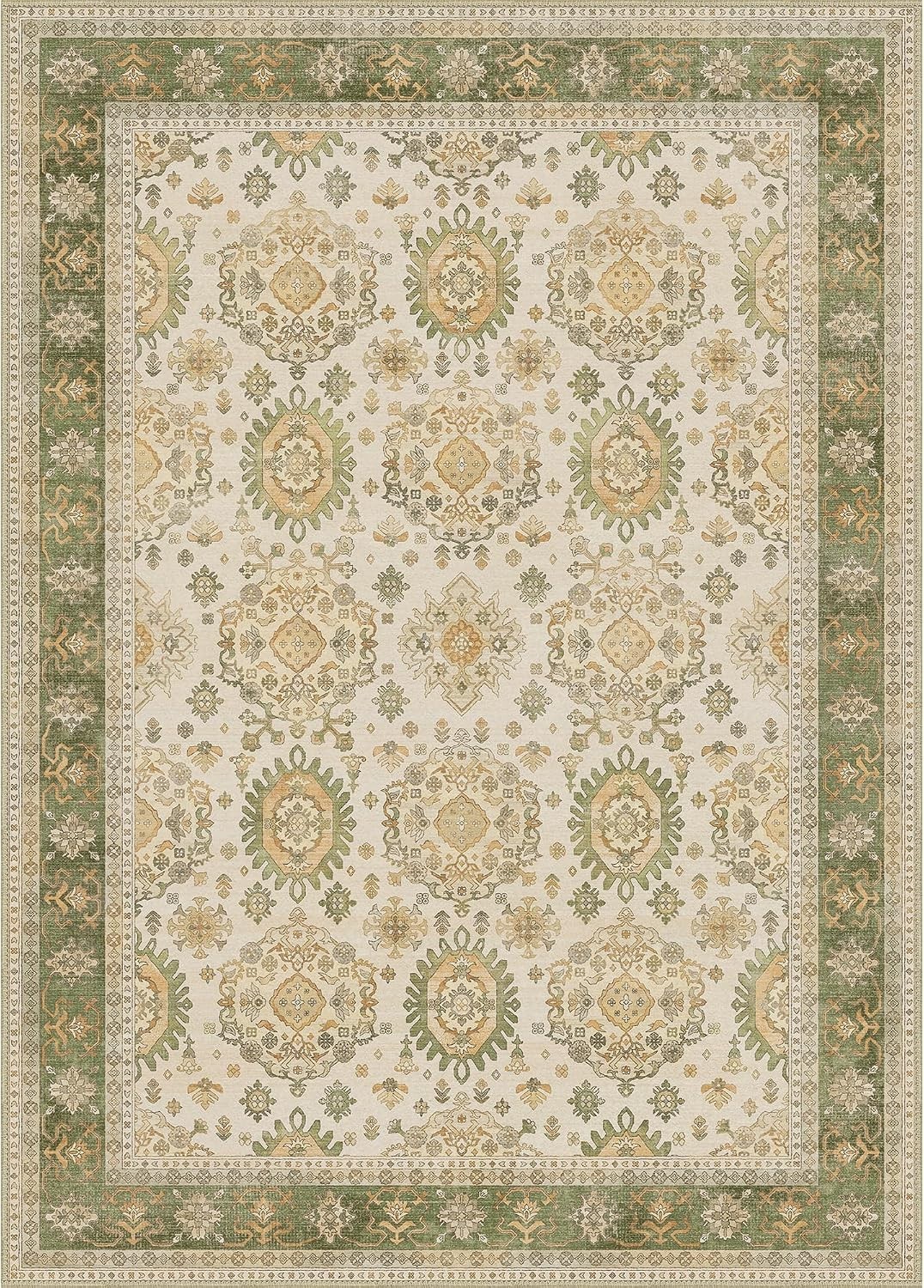 Area Rug 5×7 Washable Green Boho Floral Low Pile Non-Slip Living Bedroom Carpet