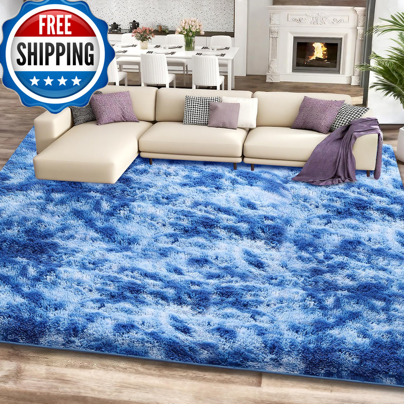 Cerulume 8X10 Shag Area Rugs For Living Room Tie-Dyed Blue Large Fluffy Shaggy