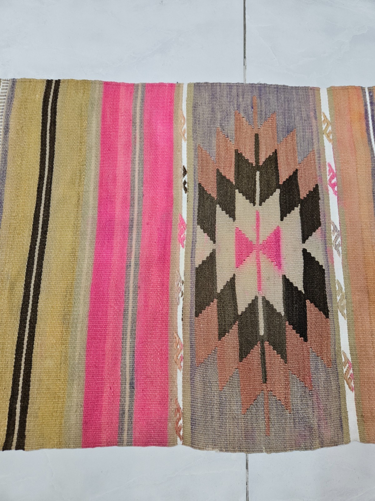 1.9 x 4 ft Vintage Handmade Turkish Kilim Rug with Diamond Medallion and Stripes