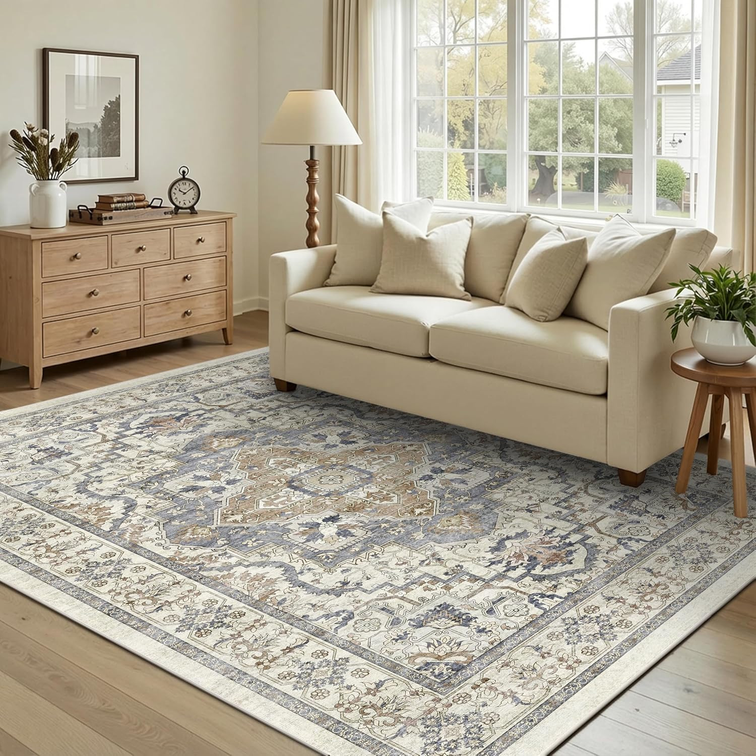 Beige 5X7 Washable Area Rug, Non-Slip Soft Ultra-Thin Polyester Carpet with Vint