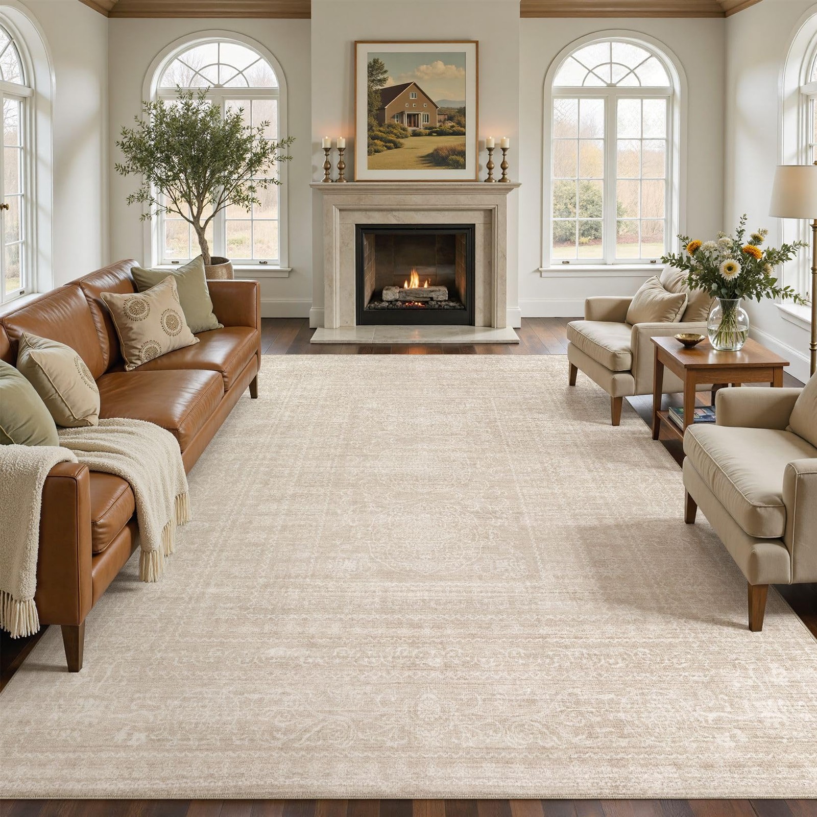 Area Rug 8×10 Washable Soft Non-Slip Vintage Beige – Stain Resistant Indoor