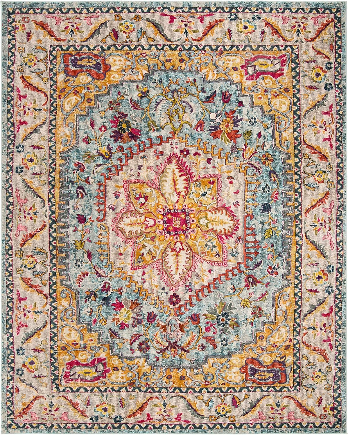 Turquoise & Beige 8×10 Area Rug – Boho Medallion, Non-Shedding, Easy Clean