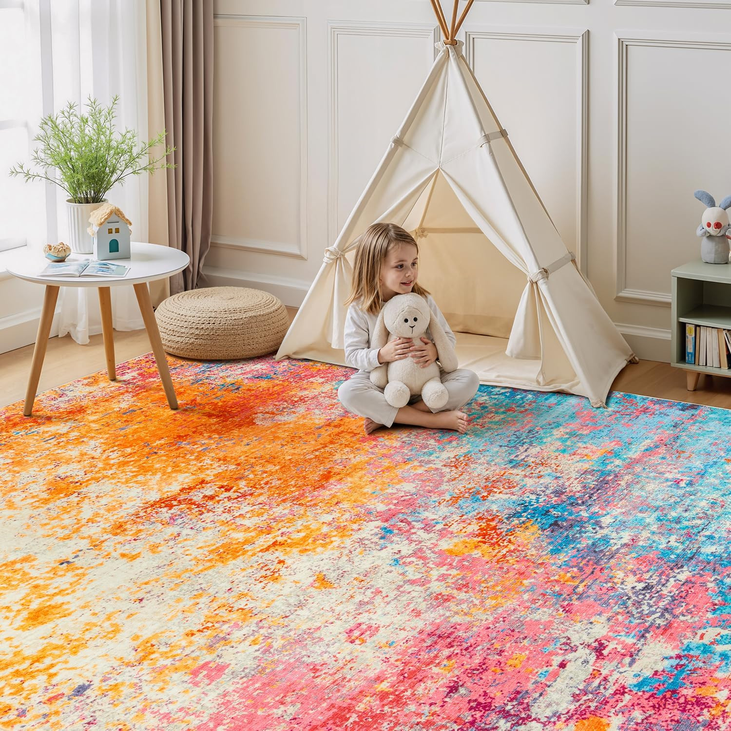 5X7 Area Rugs for Living Room, Colorful Rainbow Washable Rug Stain-Resistant Low
