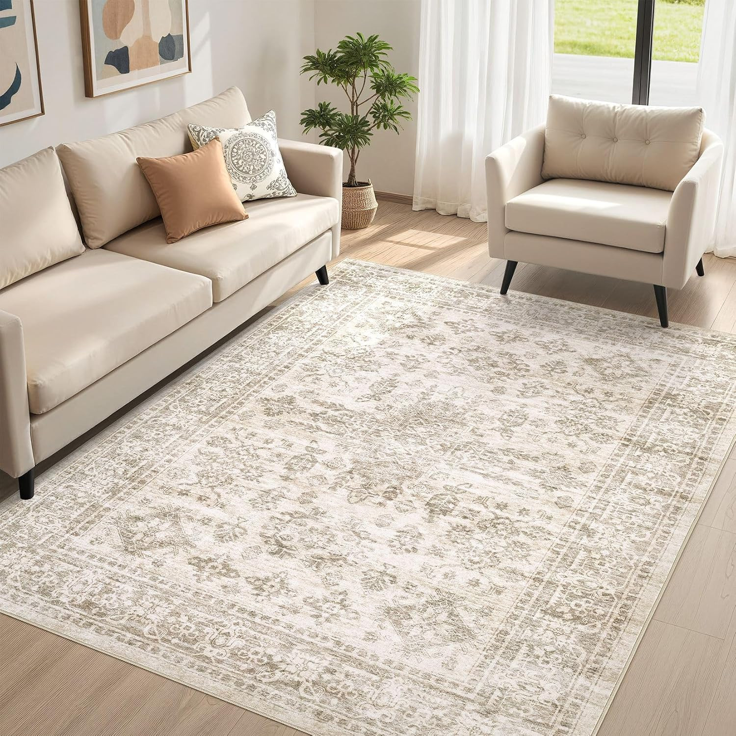 5X7 Area Rug for Living Room, Washable Vintage Pattern, Non-Slip Stain Resistant