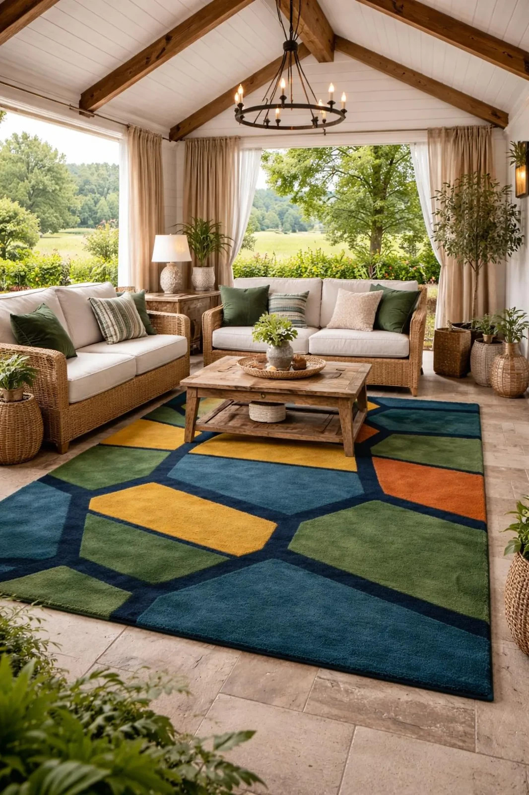 Hand-Tufted Wool Rug – Geometric Abstract Modern Design, Teal Mustard Green Rust