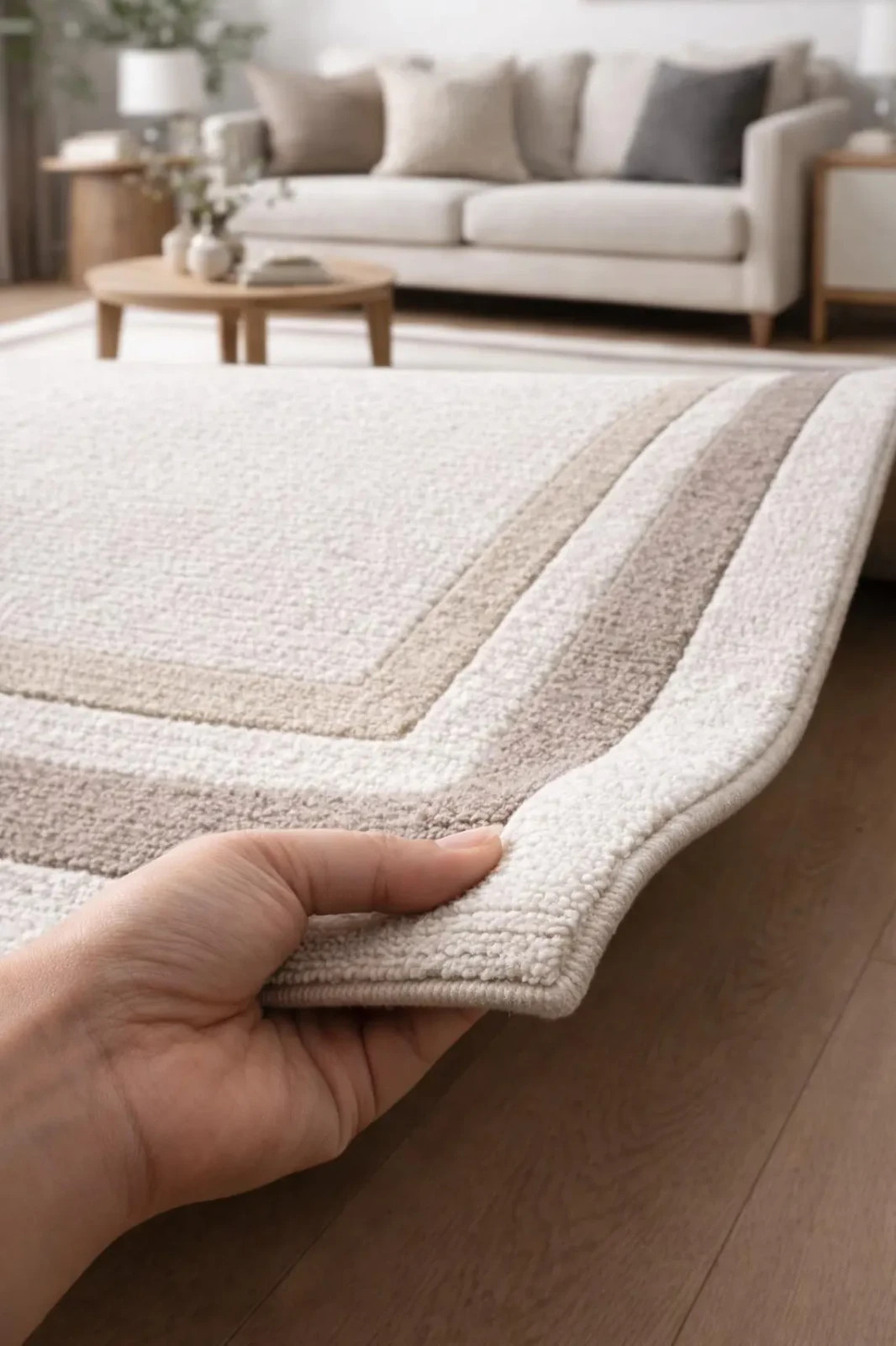 Hand Tufted Wool Area Rug | Cream Beige Border Modern Neutral Living Room Carpet