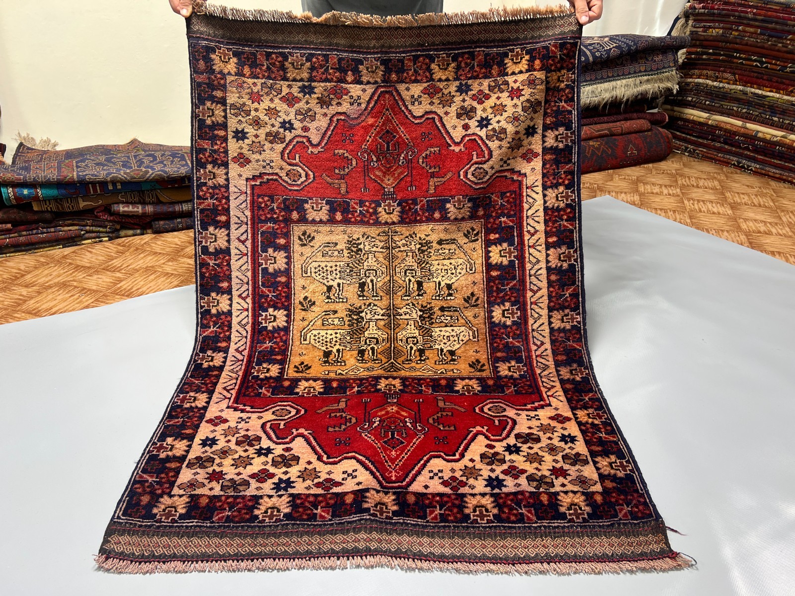 3 x 4’3 Ft Rare Afghan Pictorial Rug Handmade Tribal Animal Motif Carpet