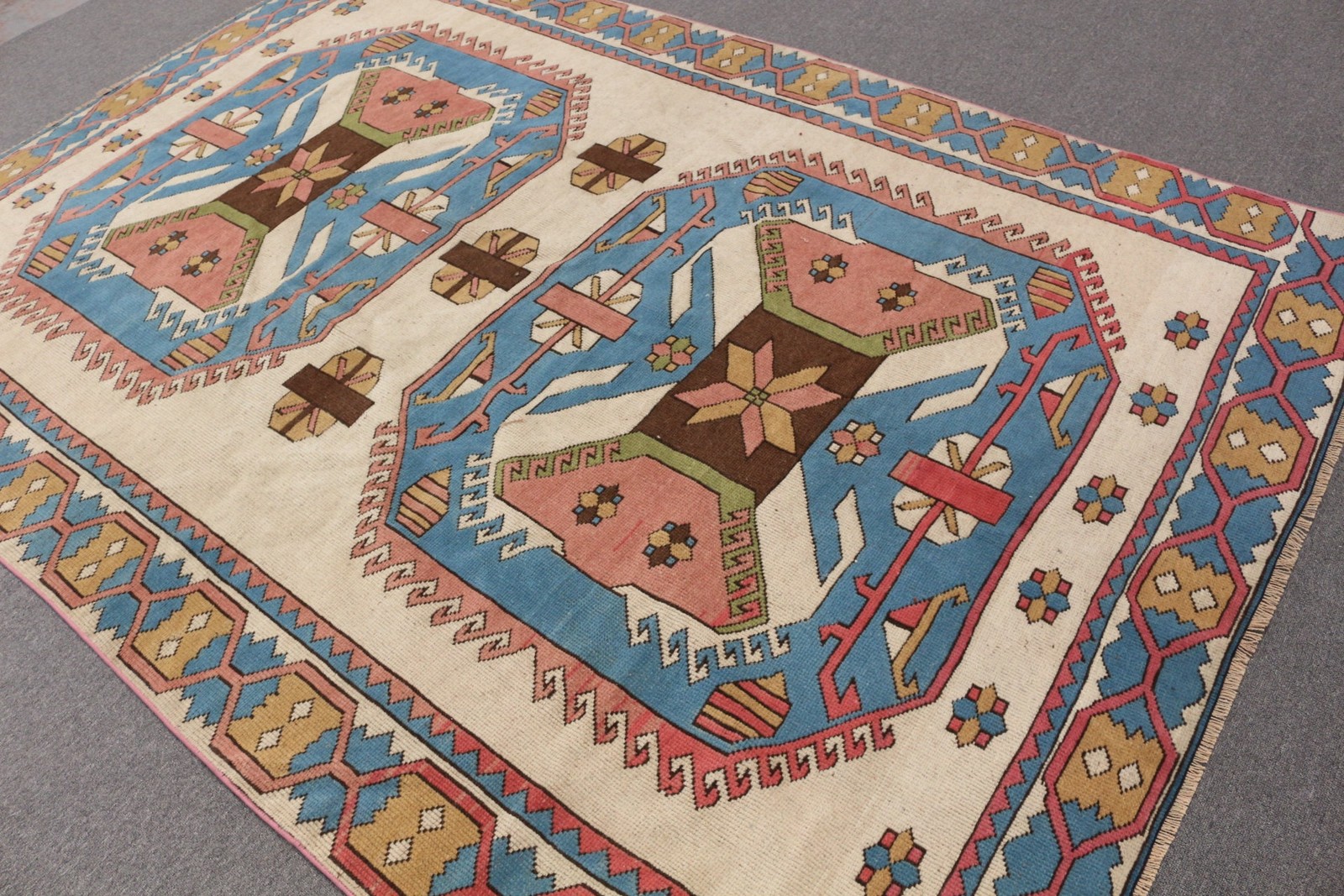 Turkish Vintage Rug, 6,5×9,4 ft Rug, Blue Bordered Wool Rug