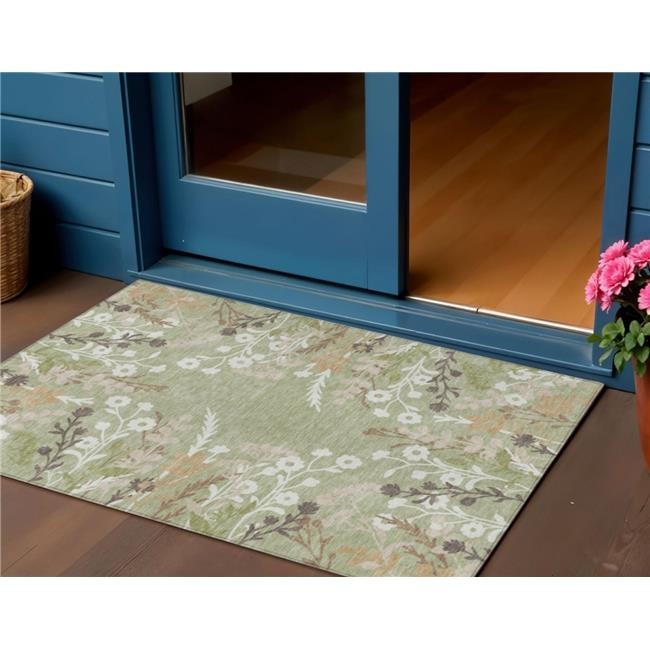 3×5 ft. Artichoke Green Wheat & Ivory Floral Washable Transitional Indoor & O…
