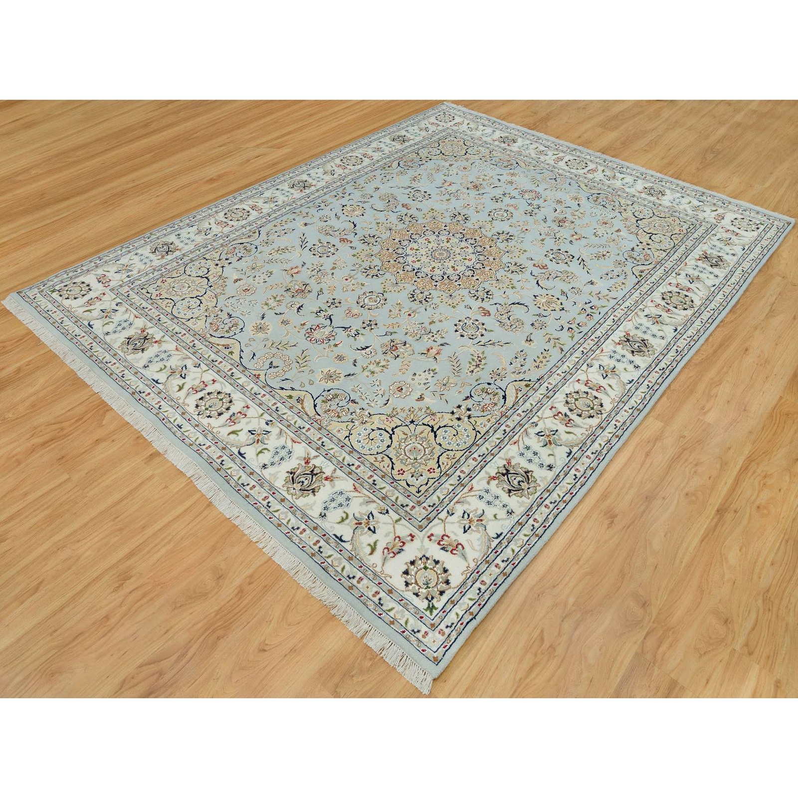 7’7″x9’9″ Celeste Blue Nain Design 250 KPSI Hand Knotted Square Rug R90319