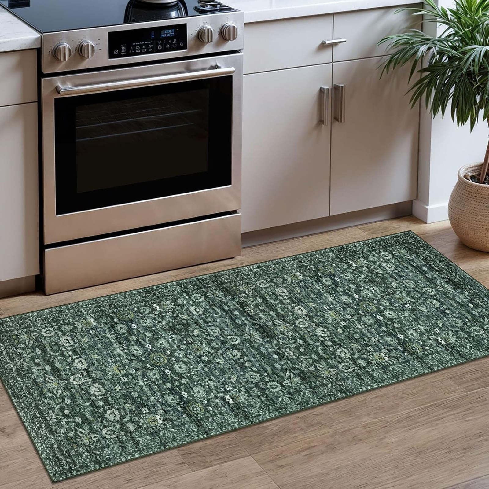 Vintage Floral Runner Rug 2×5 Feet Dark Green Washable Non-Slip Entryway Carpet