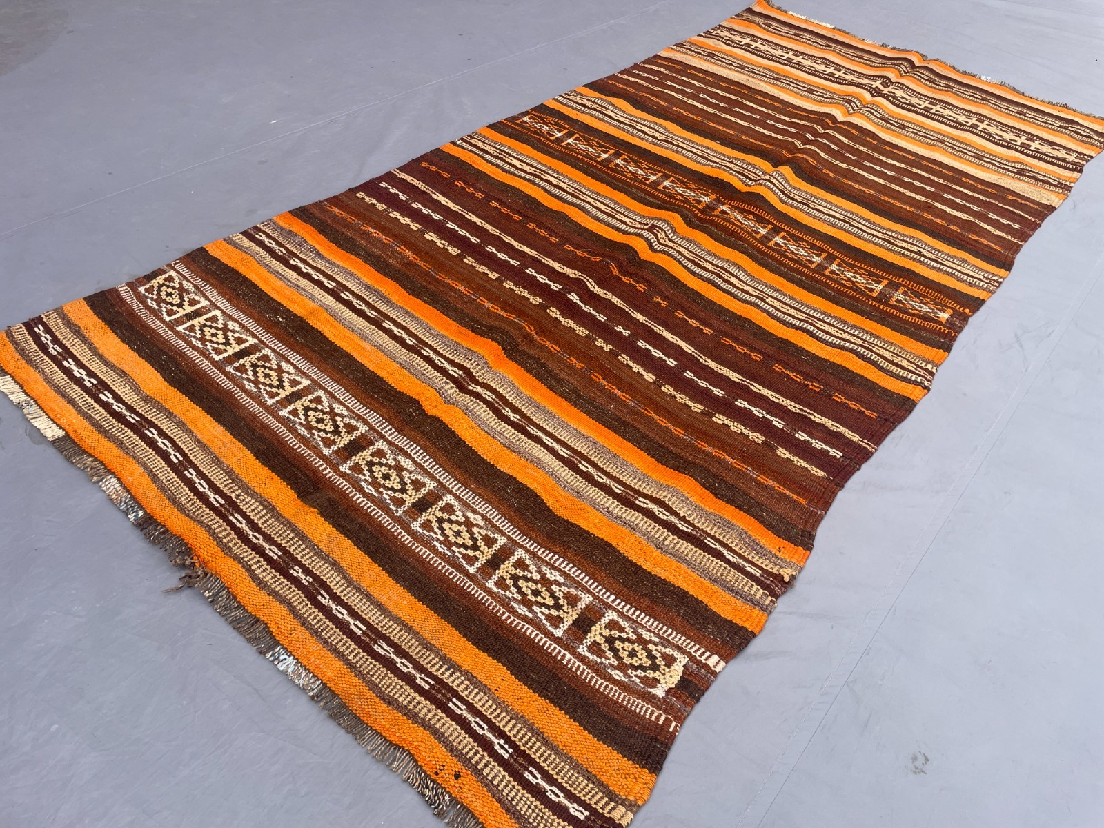 3×8 Earthy Afghan Kilim Runner with Brown Orange Stripes N Minimal Tribal Weave