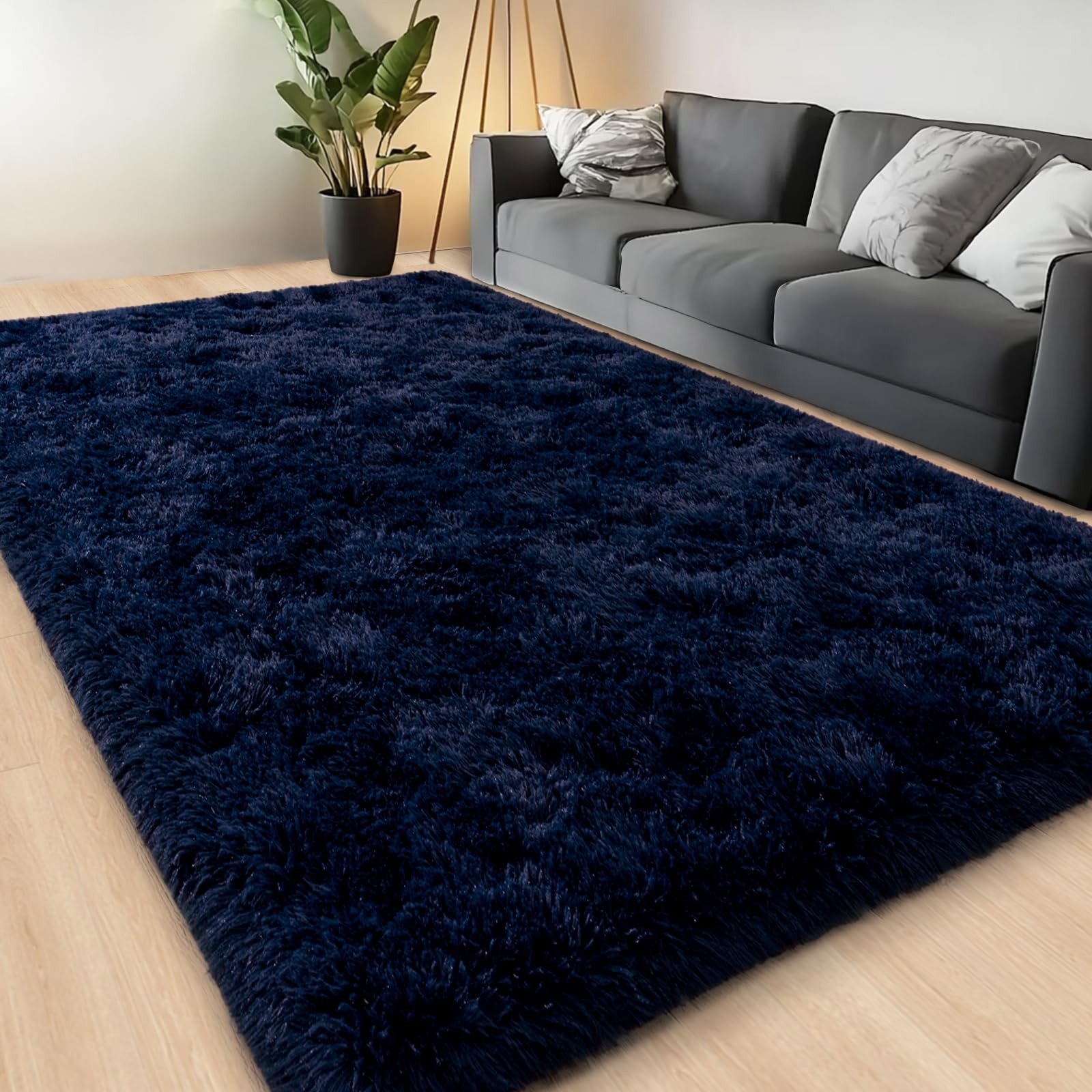Large Area Rugs for Living Room Bedroom, 4×6 Feet Navy Blue Fluffy Shag Rug, …