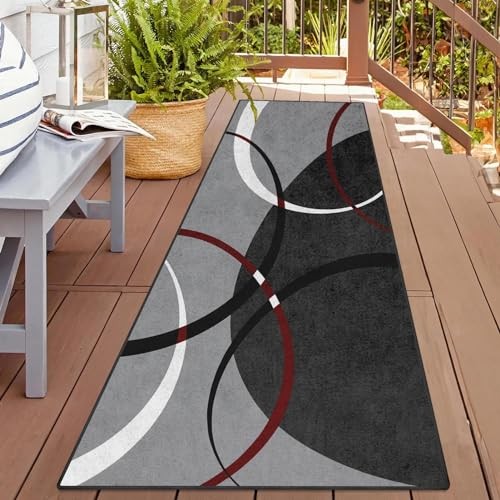 Runner Rug, Washable and Non-Slip 2’x6′ Red Black Geometric Contemporary