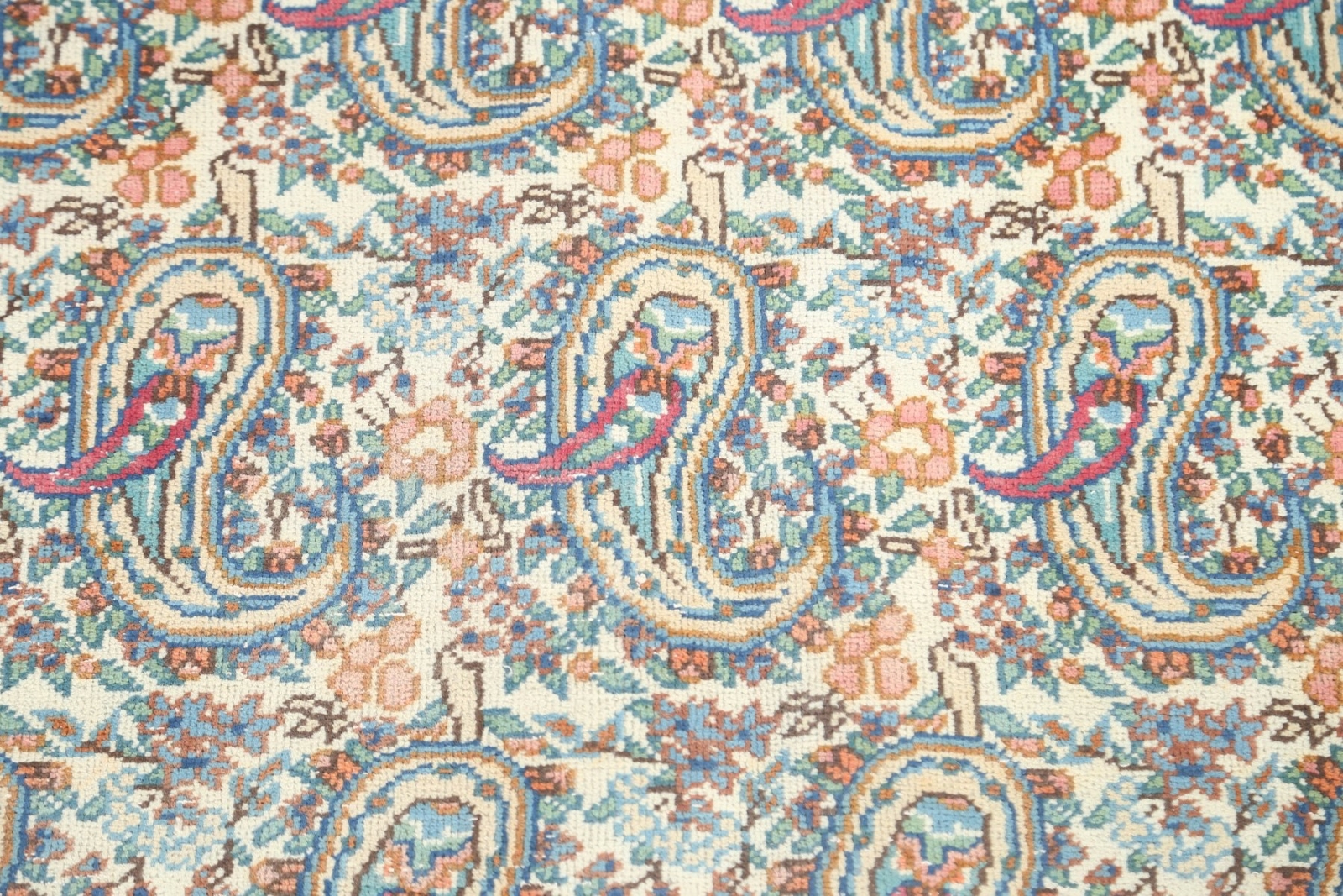 Paisley Semi-Antique Kirman Handmade Area Rug Ivory Wool Oriental Carpet 10’x13′