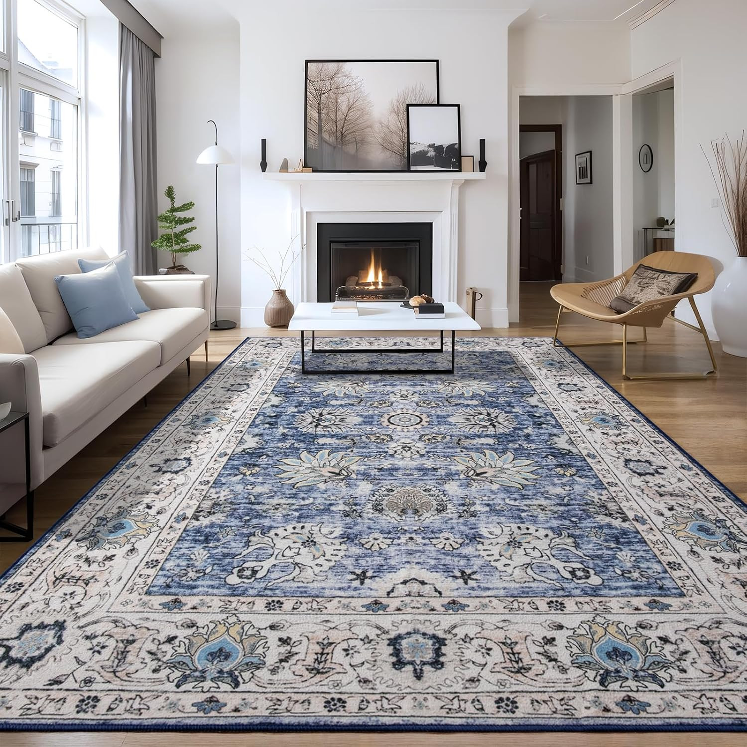 8X10 Blue Washable Area Living Room Rugs,Bedroom Rugs Non Slip Vintage Neutral,