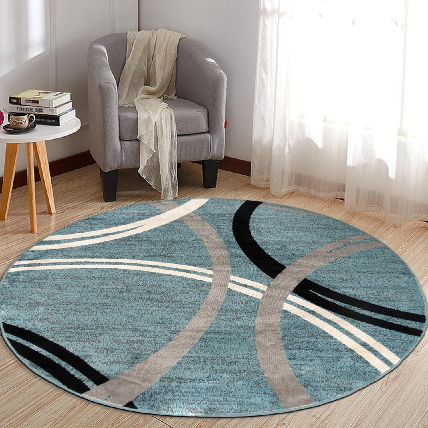 Rugshop Round Carpet Contemporary Abstract Circles Design Blue Round Rugs 6’6″