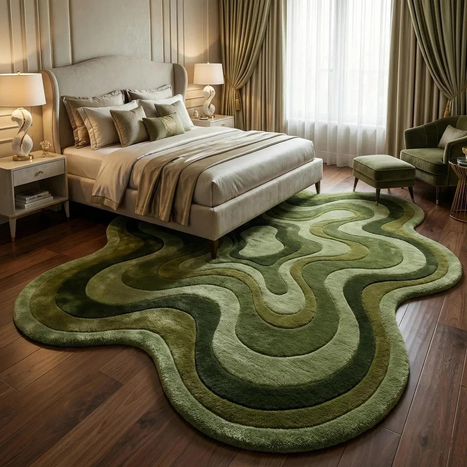 Modern Wavy Green Wool Rug Abstract Irregular Shape Hand Tufted Living Room Rug