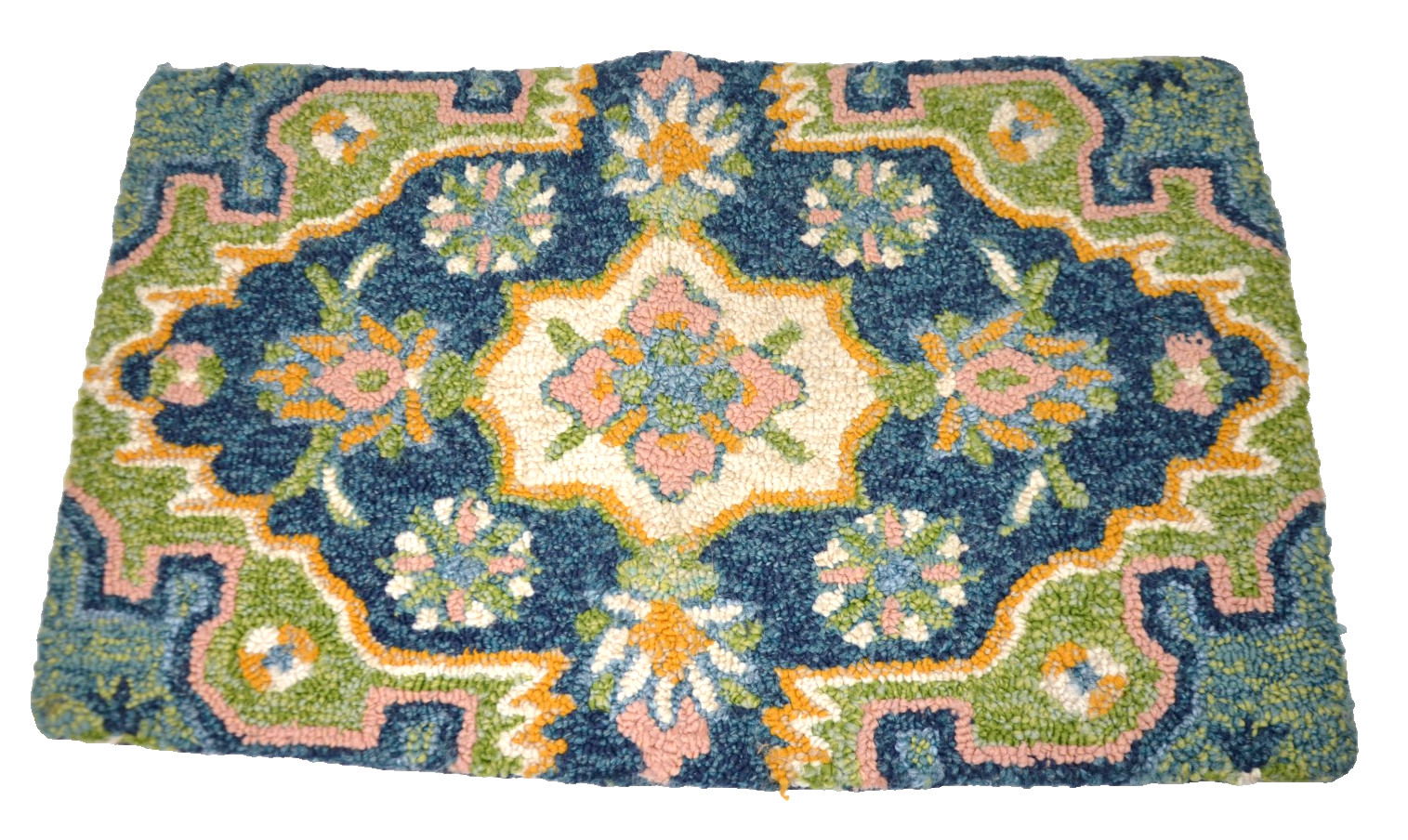 VINTAGE HAND HOOKED LOOP FLORAL WOOL AREA RUG FARMHOUSE SHABBY CHIC 30″ X 18.5″