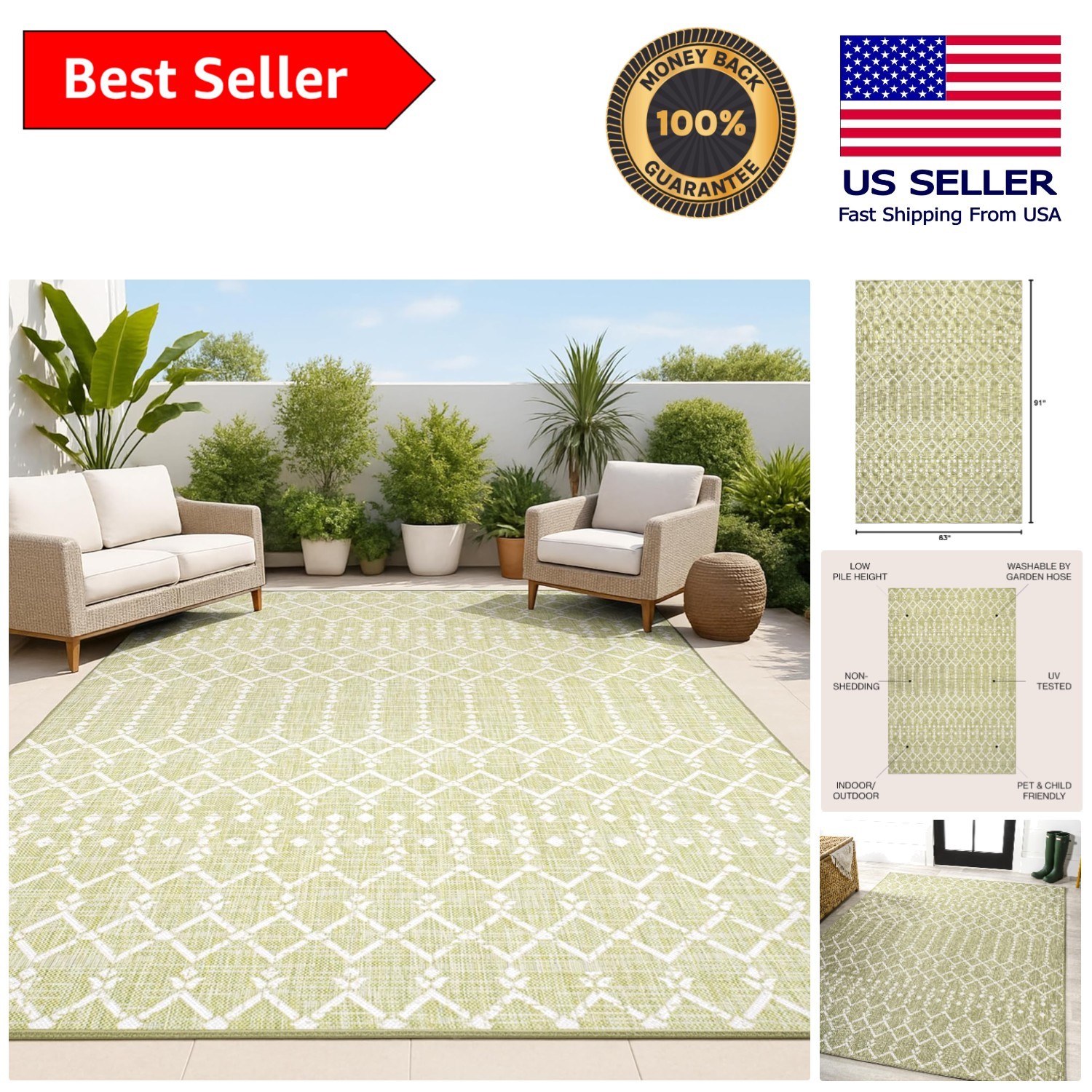 Elegant Light Green Moroccan Outdoor Area Rug 5’3″ x 7’7″ – Perfect for Families