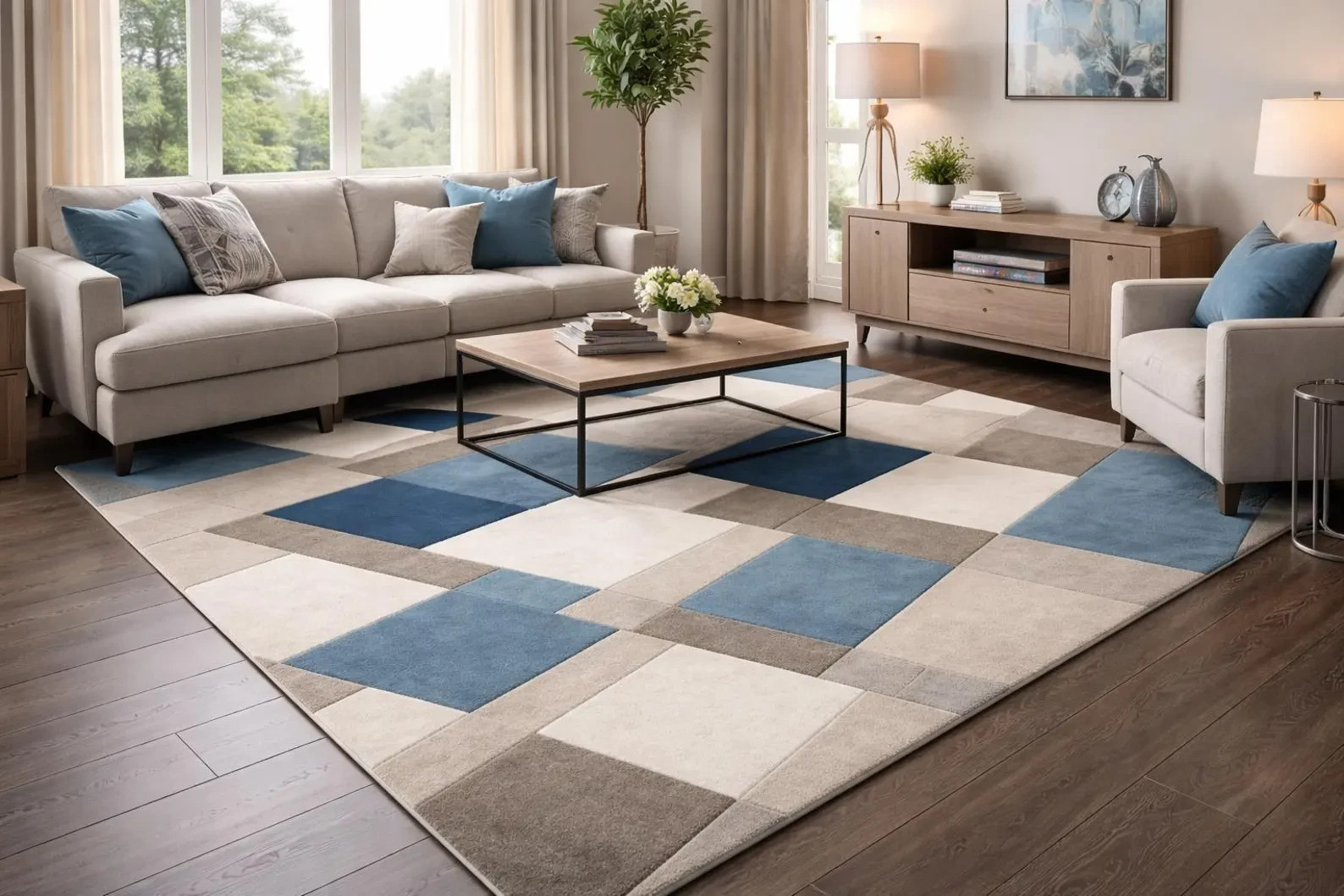 Hand Tufted Wool Area Rug, Blue Beige Geometric Abstract, Living Room Carpet