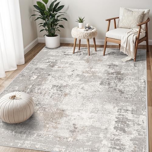 Non-Slip Machine Washable Area Rug – Modern Abstract 5×7 Beige/Grey/Brown