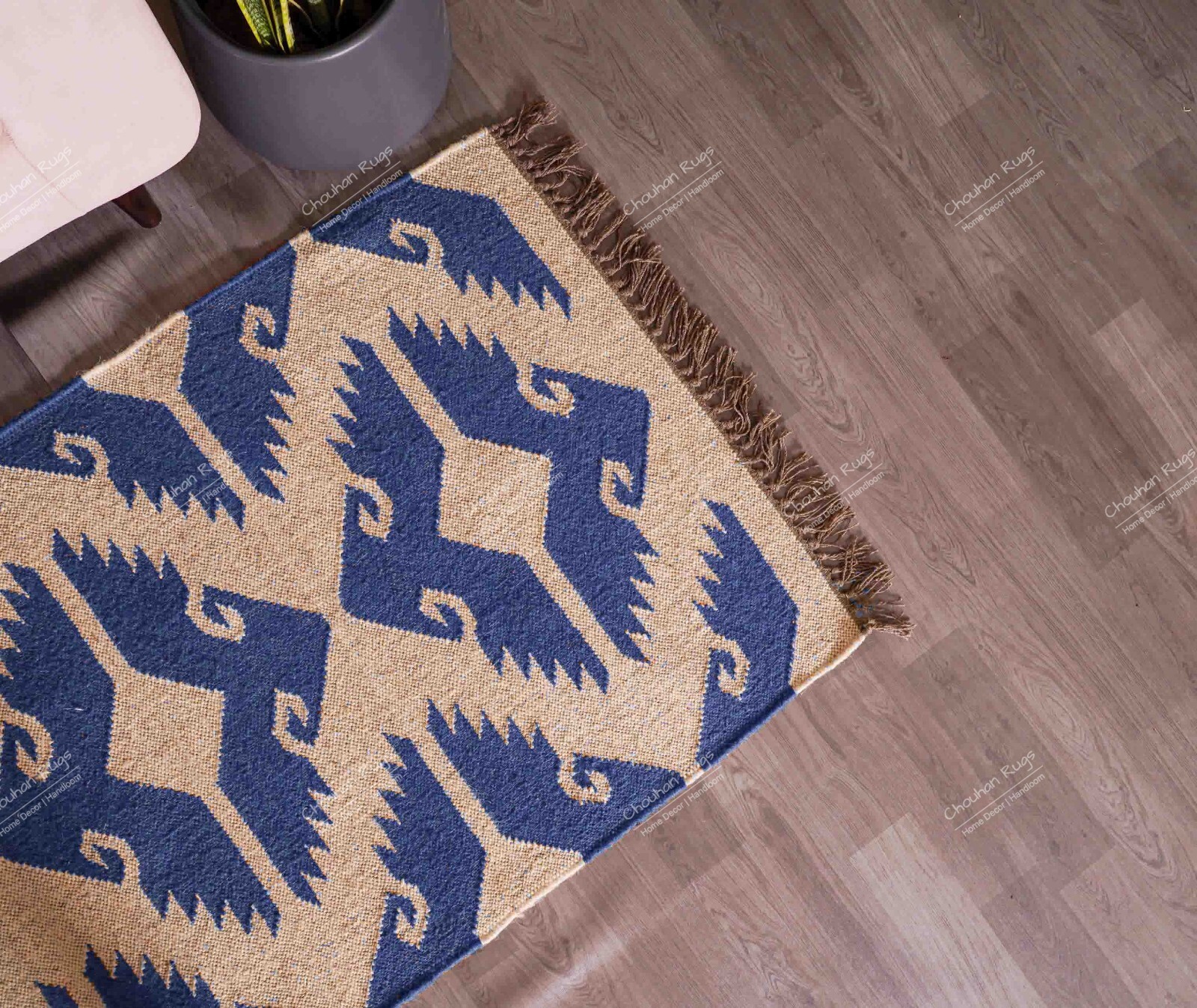 Handwoven Wool Jute Kilim Rug, Off White With Light Blue Design Fringes Jute Rug