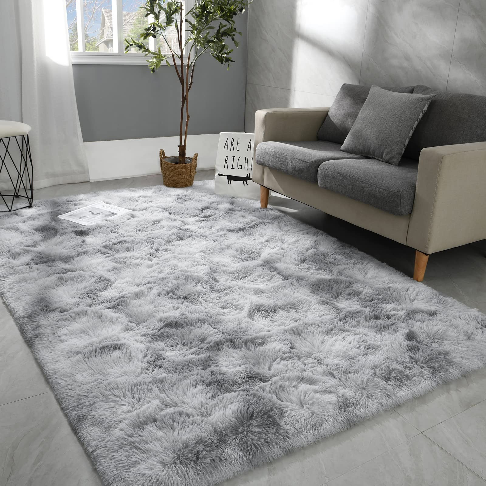 5×8 Large Washable Area Rugs for Living Room Tie-Dyed Light Grey