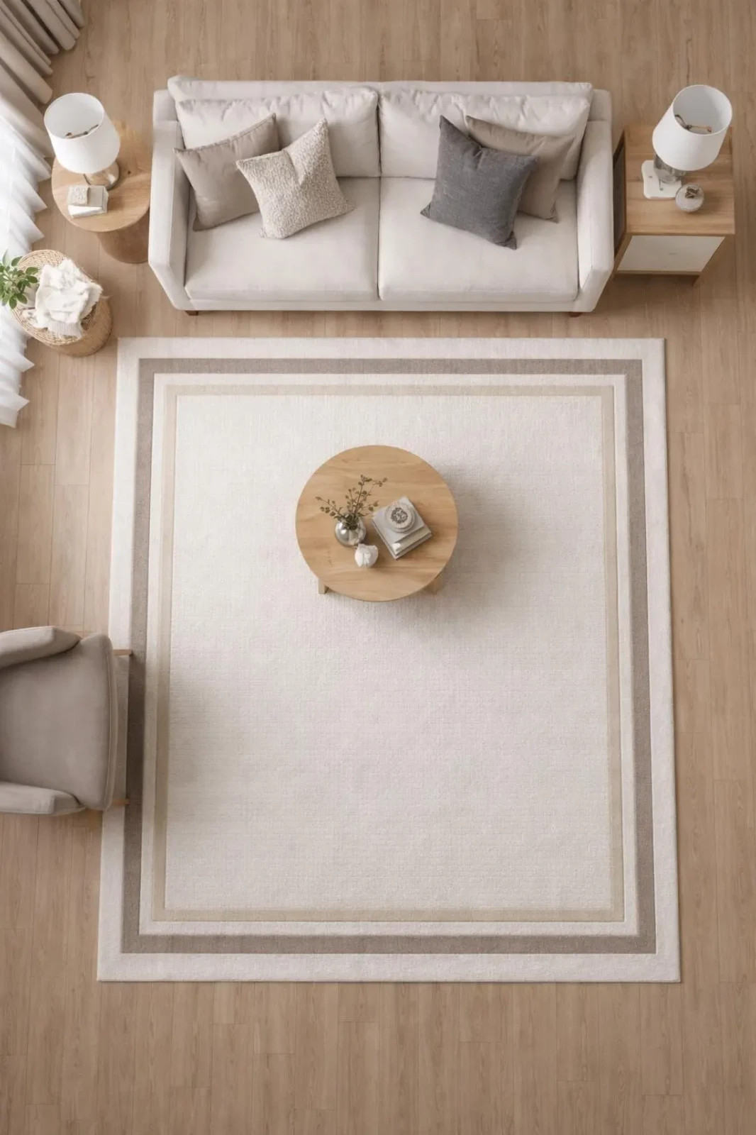 Hand Tufted Wool Area Rug | Cream Beige Border Modern Neutral Living Room Carpet