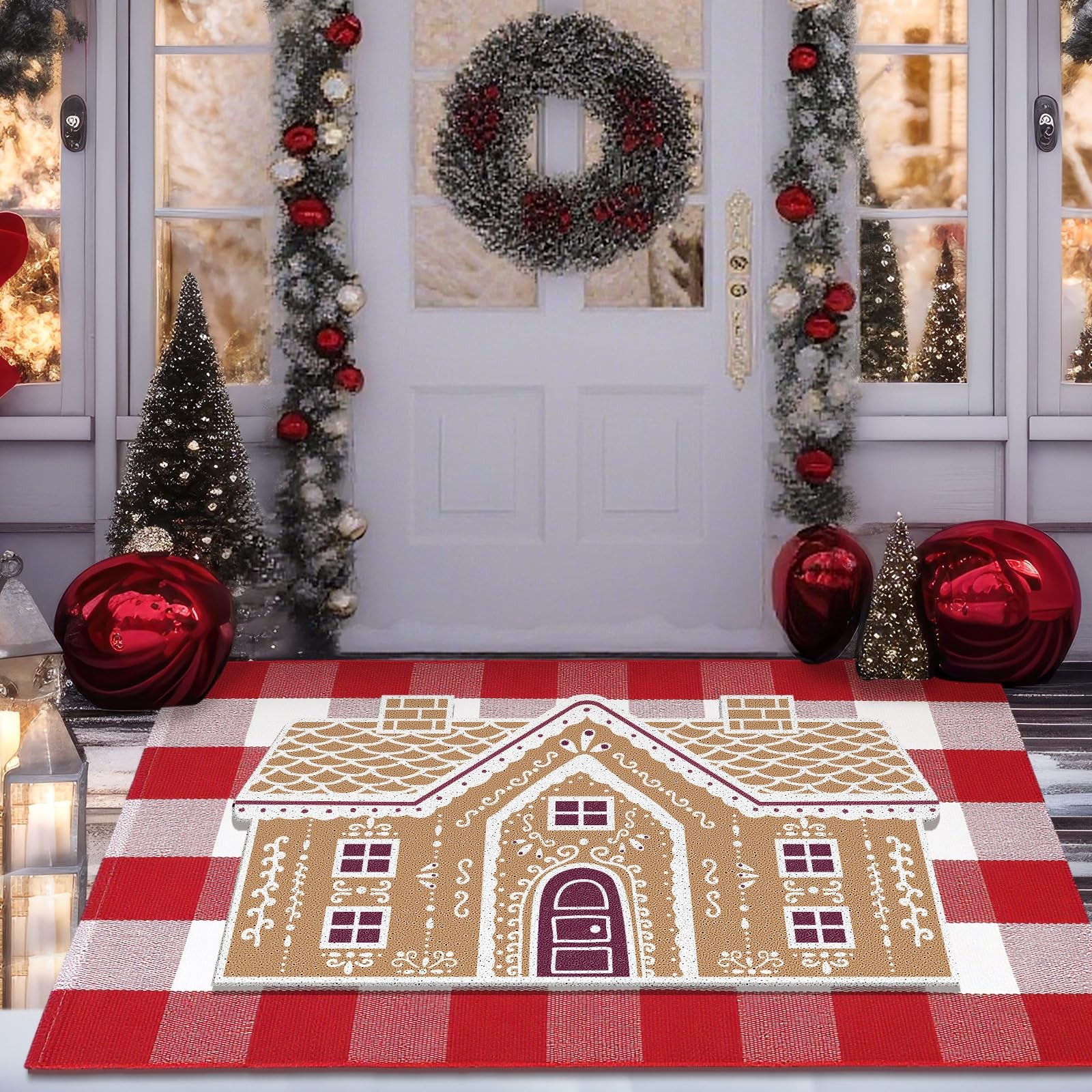 FuWeave 2 Pcs Christmas Doormats with Outdoor Rug Gingerbread Door Mat Combo …
