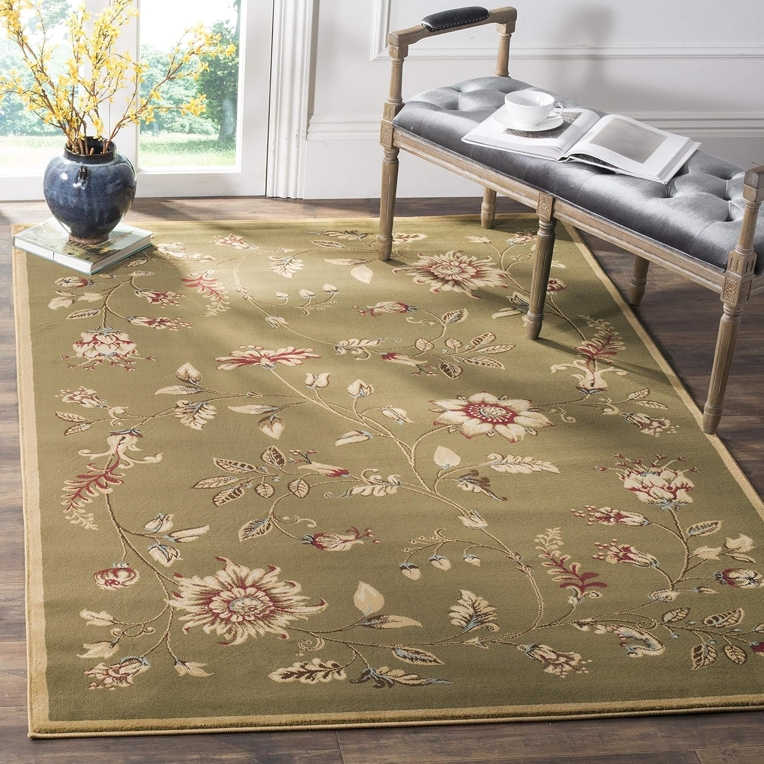 Lyndhurst 6’7″ x 9’6″ Area Rug – Green Floral, Non-Shedding, Easy Care