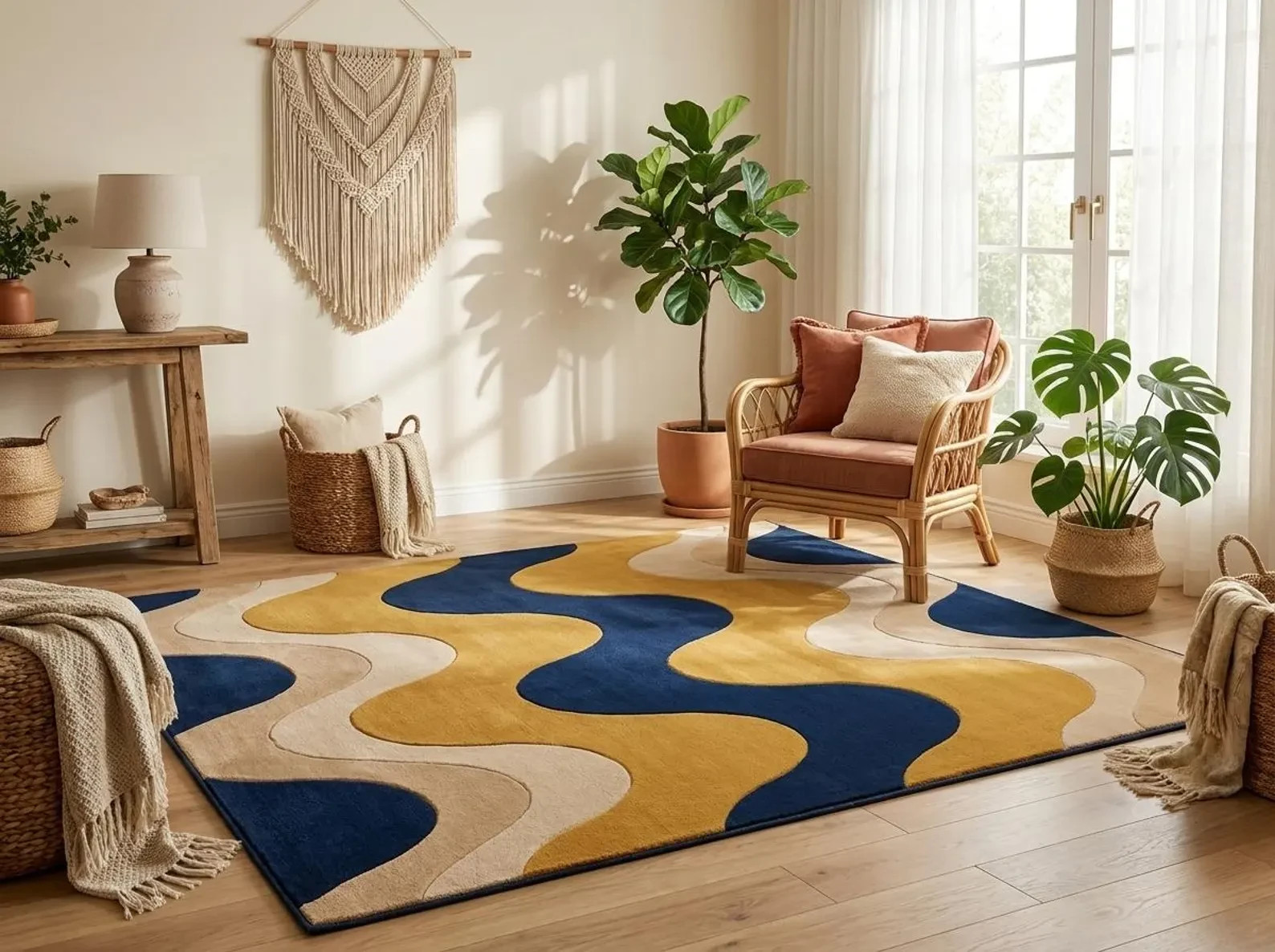 Navy Blue Yellow Gold Mid Century Hand Tufted Wool Area Carpet for living room