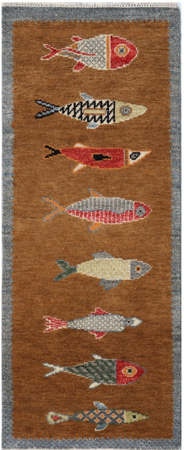 Hand Knotted Fish Runner Rug Wool Brown Coastal Nautical Hallway Rug