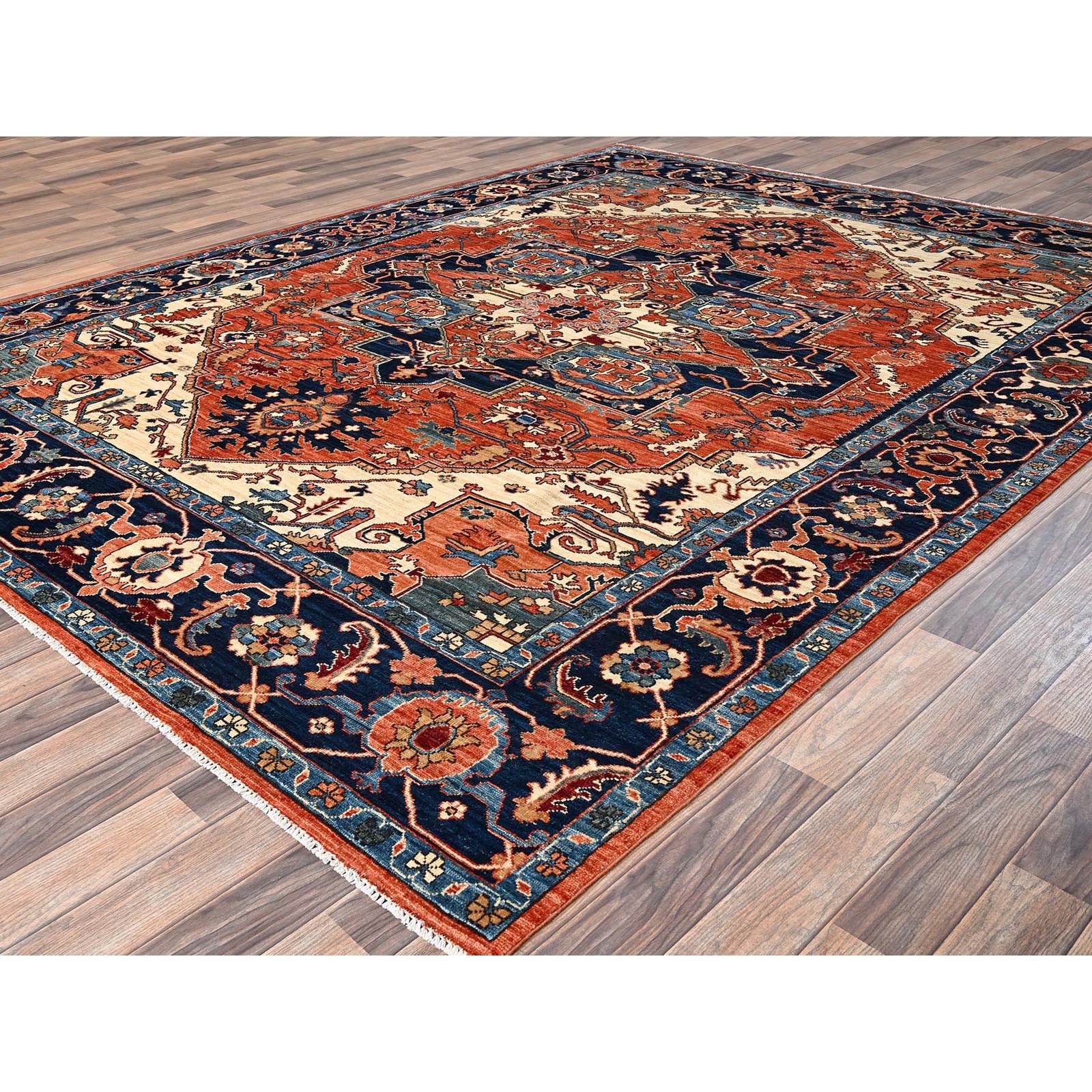 8’x10’10” Rust Orange Seeripe Heris with Medallion Design Wool Hand Knotted Rug