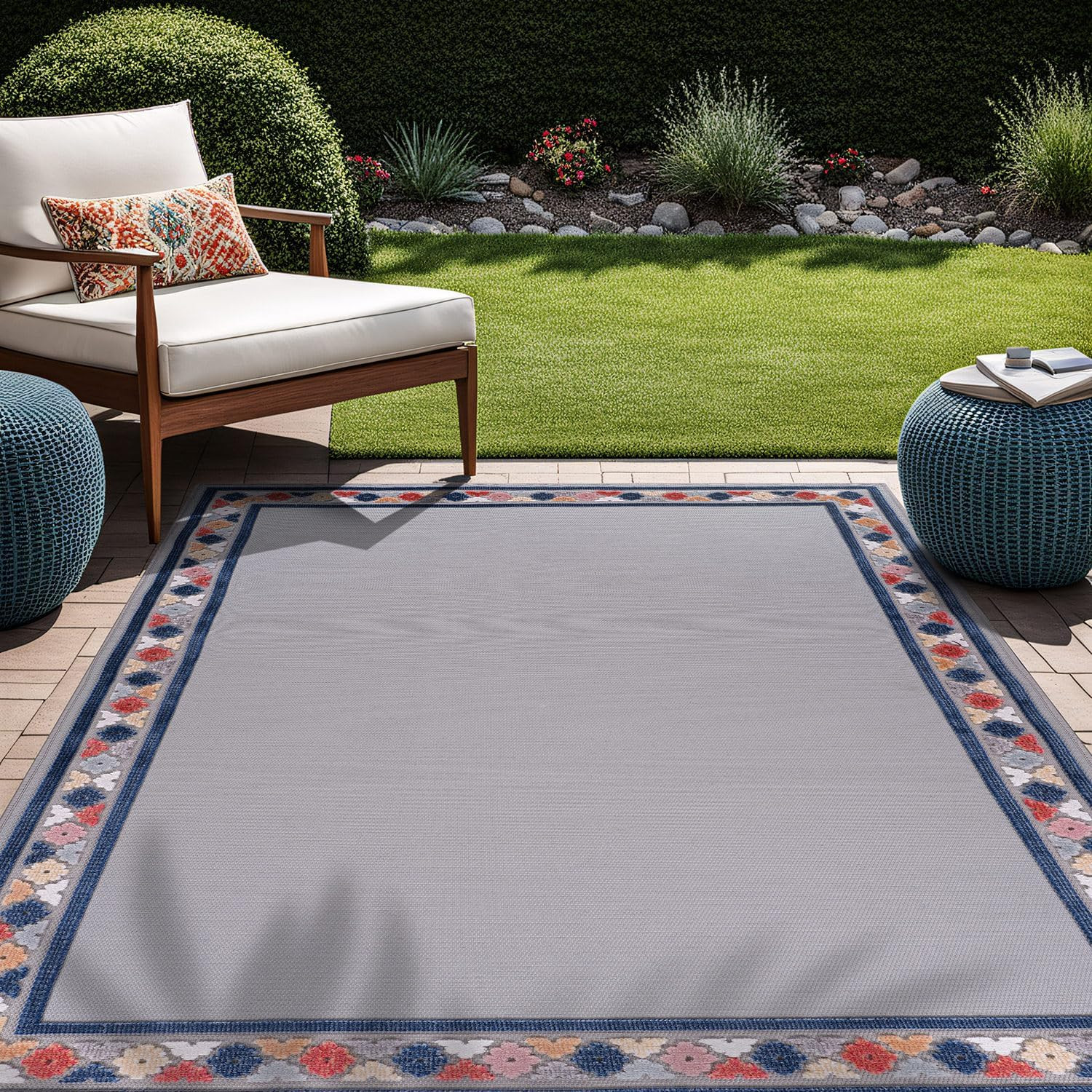 Outdoor Rug 6X9 Modern Bordered Area Rugs for Indoor and Outdoor Patio Easy to C