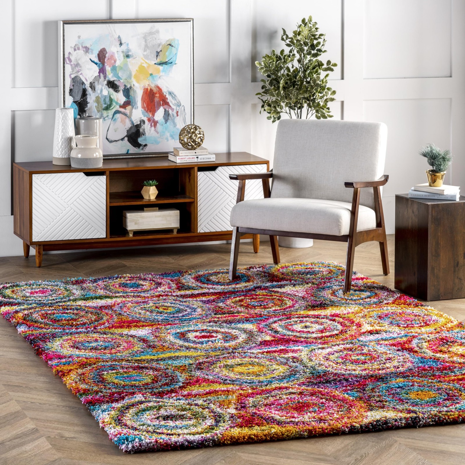 Kindra Multicolor/Red, 4′ x 6′, Bohemian Circles, Soft and Cozy, High Traffic…