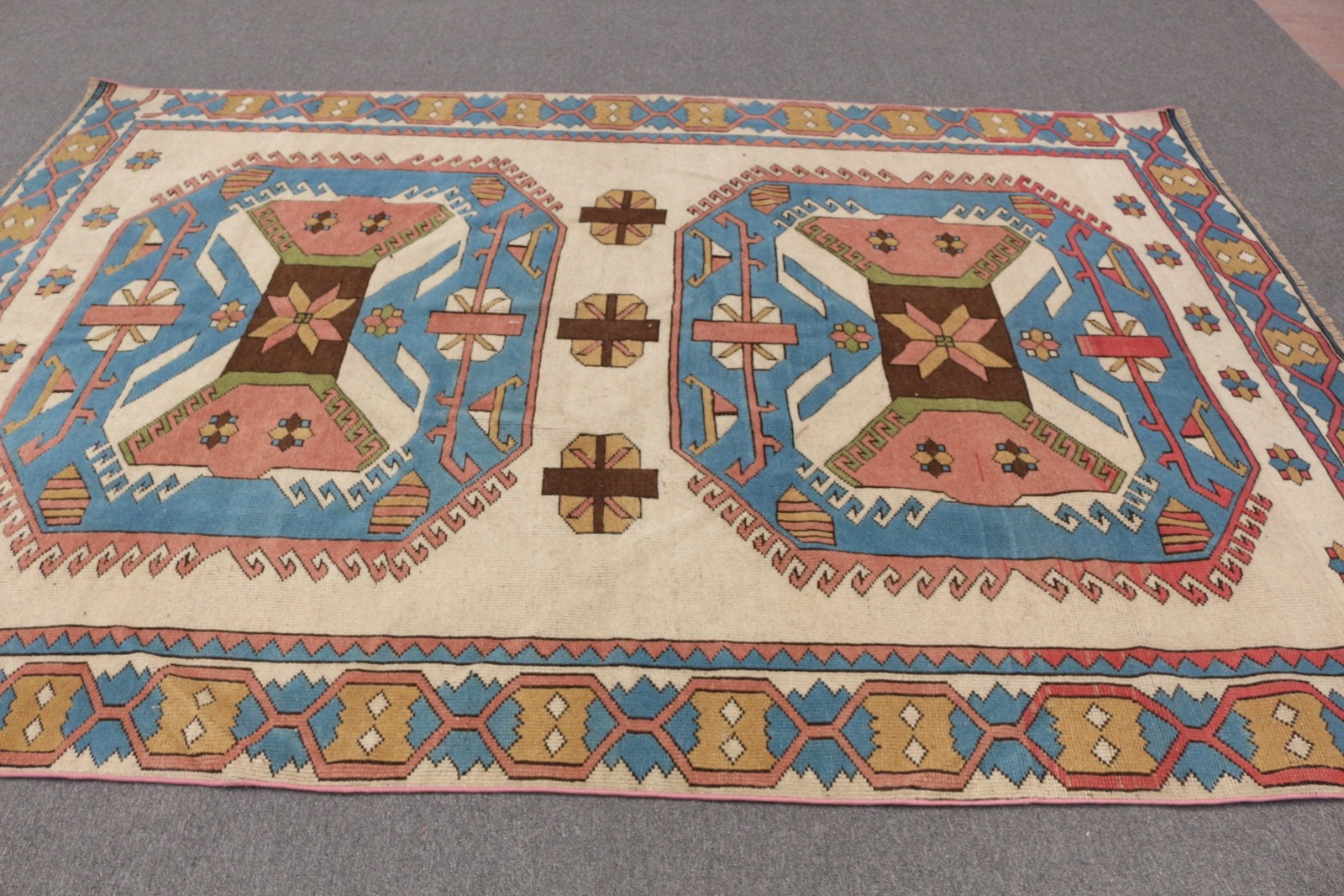 Turkish Vintage Rug, 6,5×9,4 ft Rug, Blue Bordered Wool Rug