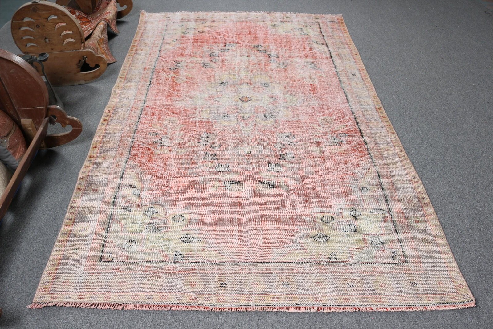 Turkish Rug, 5,2×8,2 ft Large Rug, Red White Wool Rug