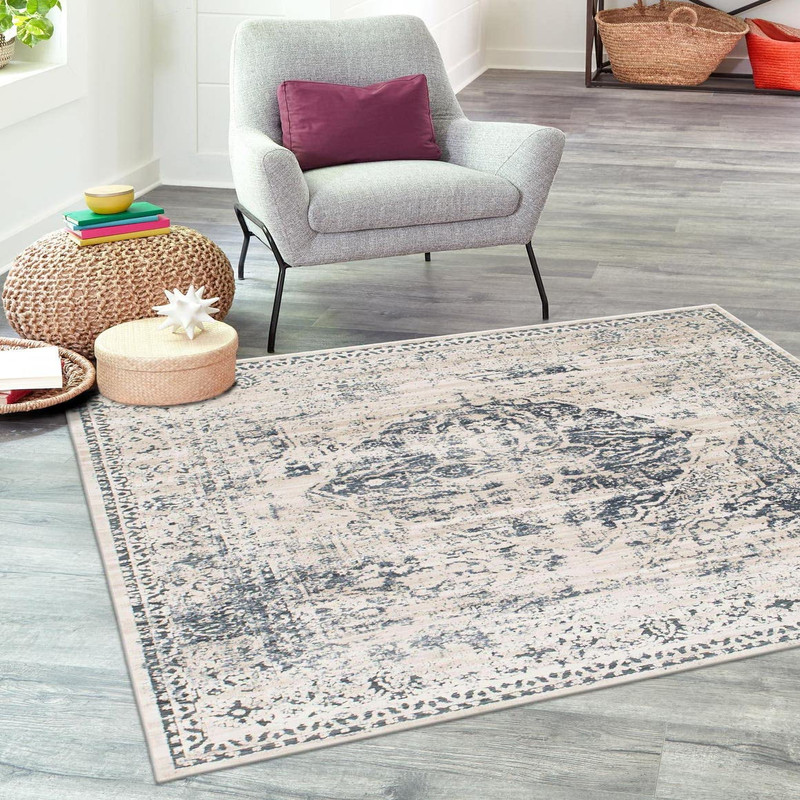 Unique Loom Chateau Collection Area Rug – Hoover 6 1 Square Dark Blue/ Beige