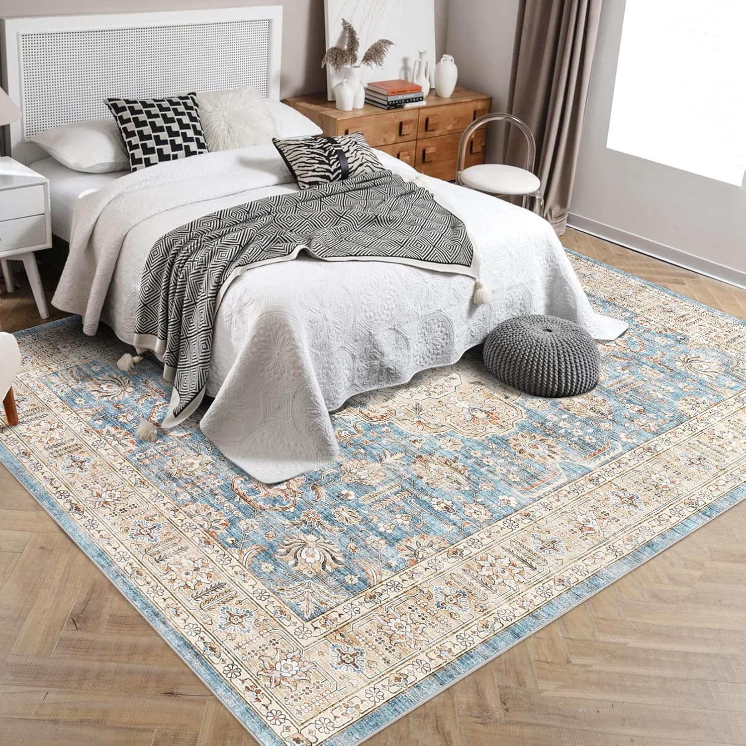 9×12 FT Boho Area Rug Washable Non-Slip Low-Pile Carpet for Dinning Home Office