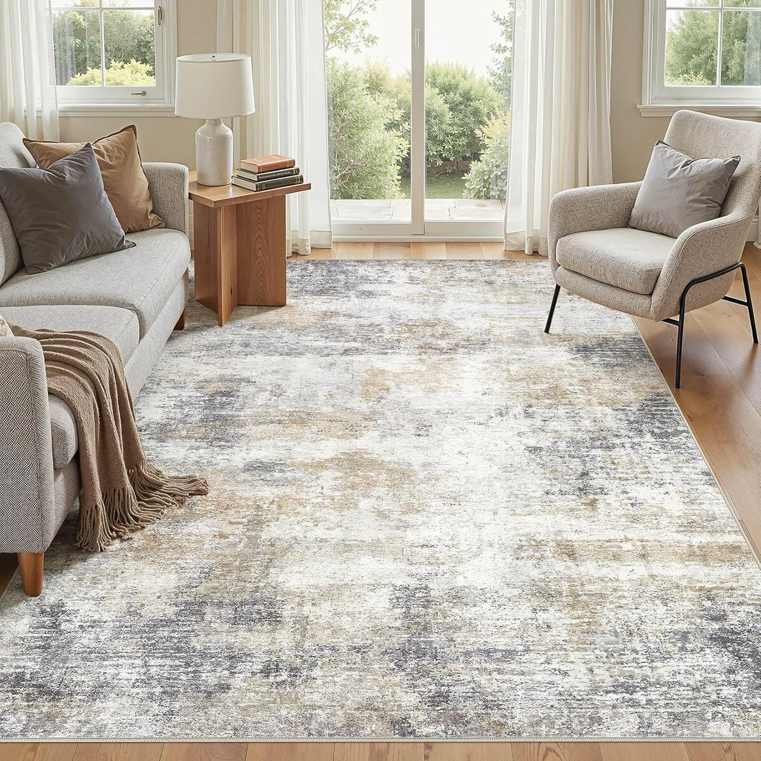Modern 8×10 Washable Area Rug – Soft Non-Slip Indoor Carpet in Goldbrown