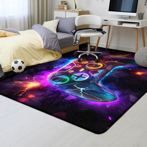 Video Game Area Rug 5×7 ft Neon Controller Design Low Pile Non Slip Gamer Decor