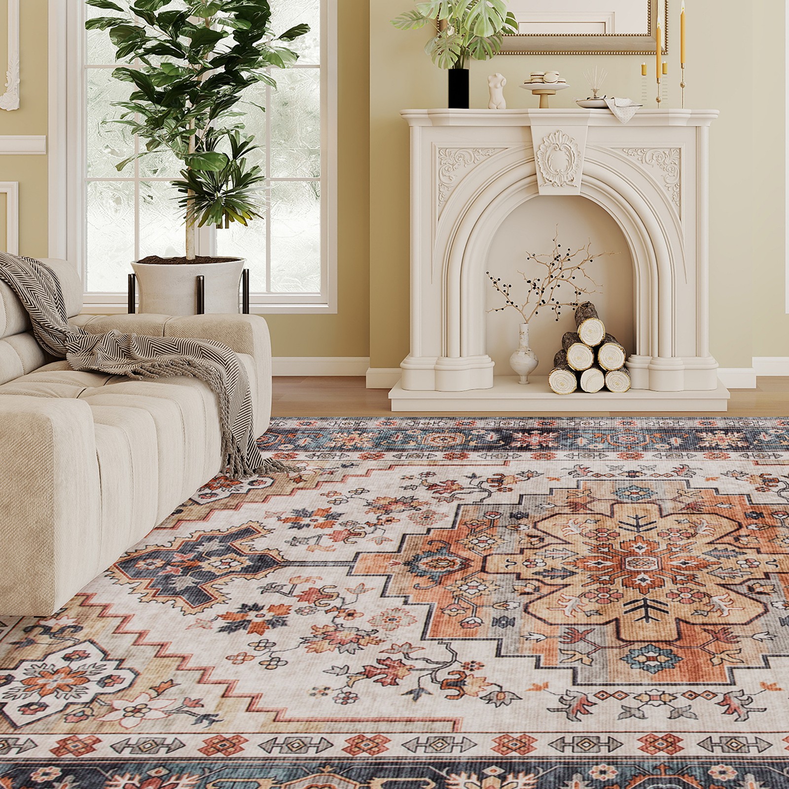 5×7 Boho Medallion Machine Washable Area Rug, Non-Slip Tawny Brown Indoor Rug