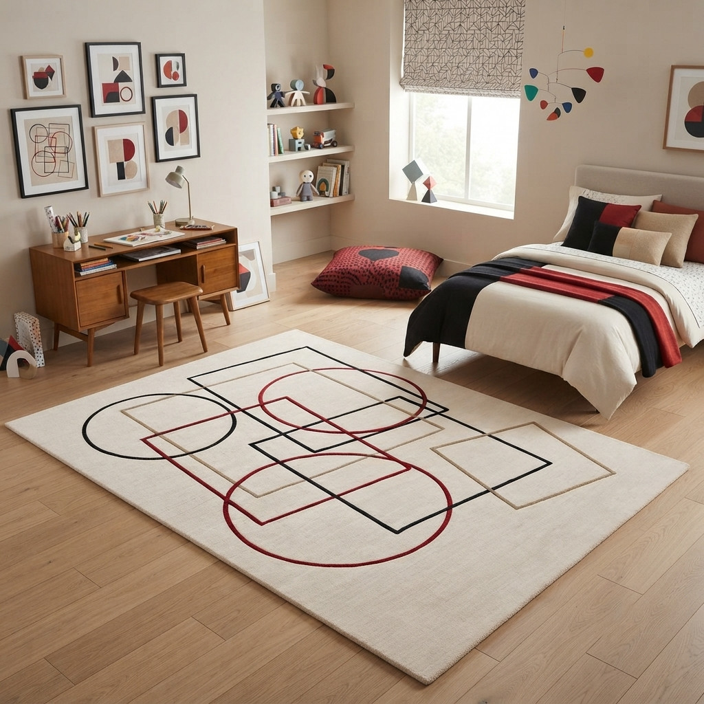 Hand Tufted Wool Area Rug Modern Geometric Black Red Beige Cream Carpet