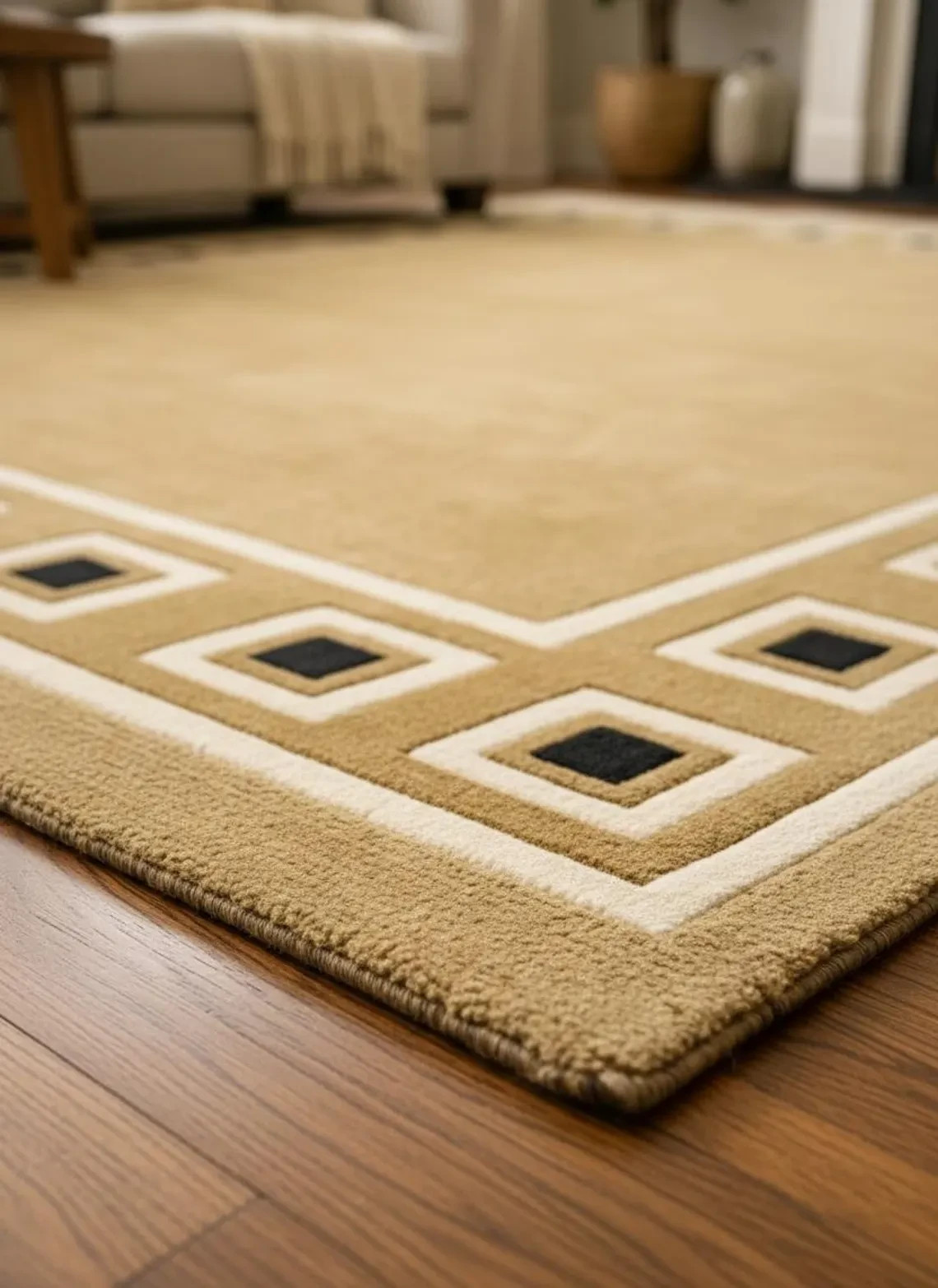 Hand Tufted Wool Area Rug, Beige Geometric Border Modern Minimal Living Room Rug