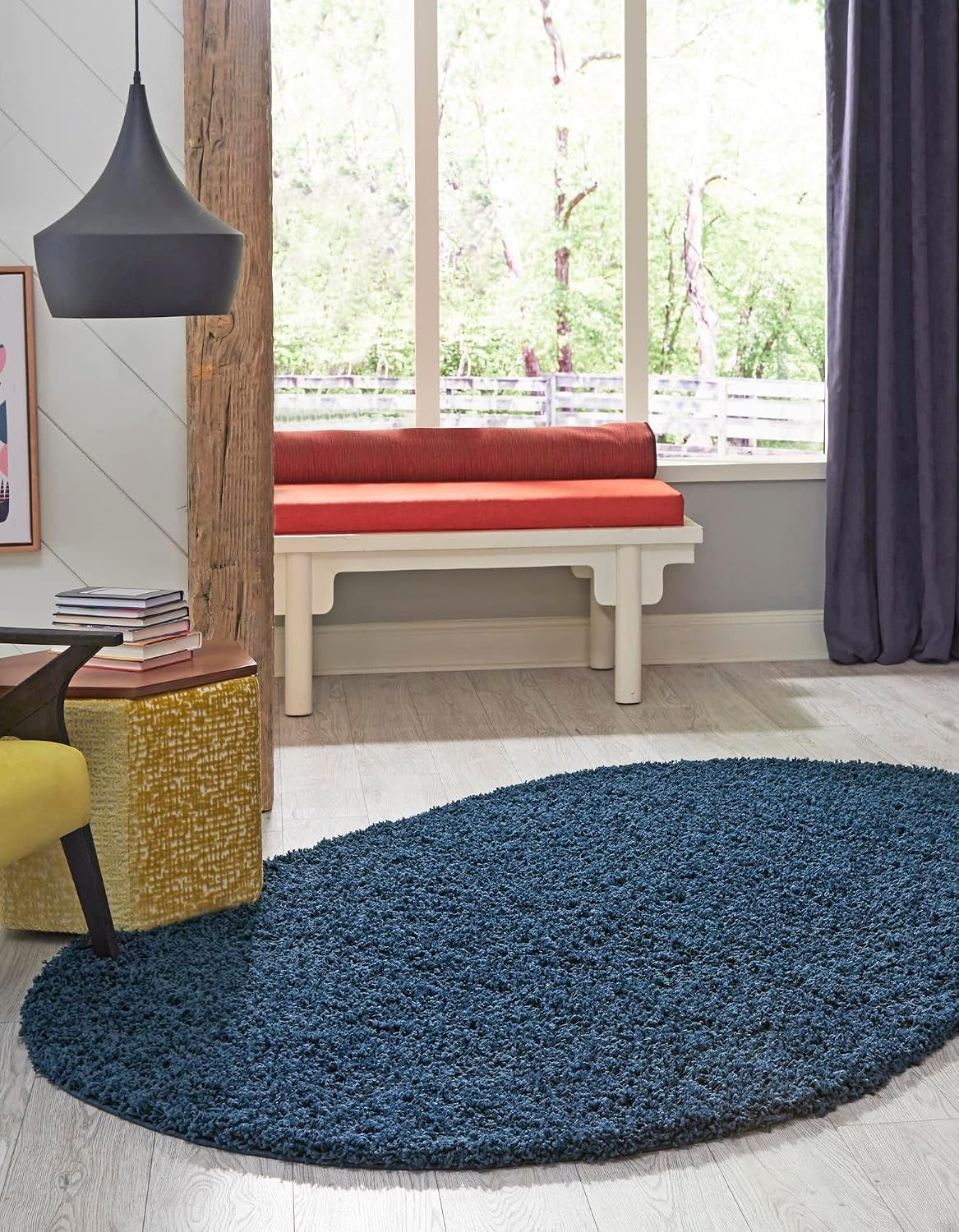 Solid Shag Collection Area Rug (3′ 3″ X 5′ 3″ Oval, Sapphire Blue/ Navy Blue)