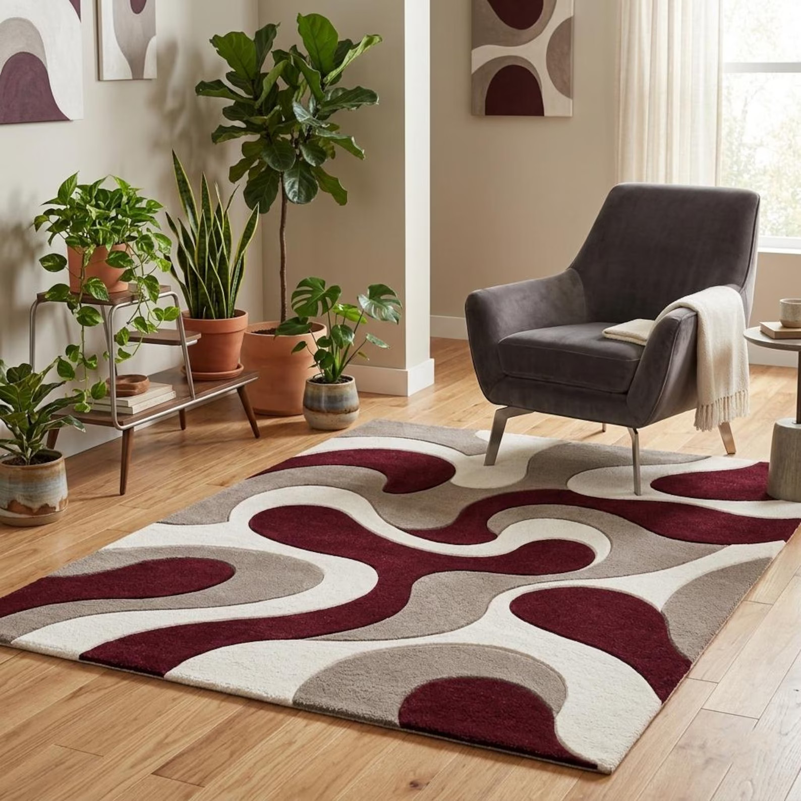 Hand Tufted Abstract Burgundy Beige Wool Rug, Modern Living Room Area Rug,