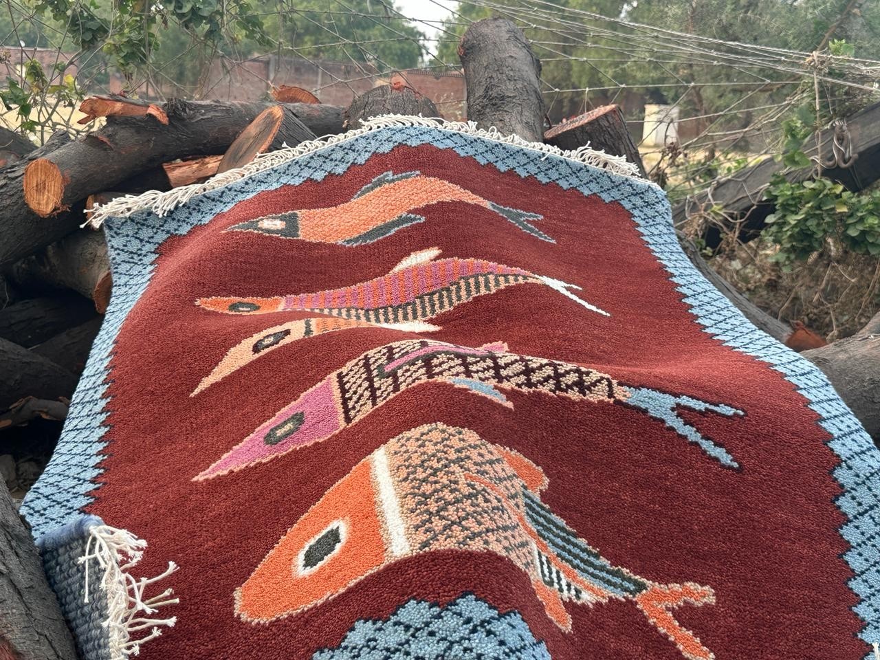 Hand Knotted Wool Fish Rug Runner | Tribal Boho Nautical Anatolian, 100% Wool