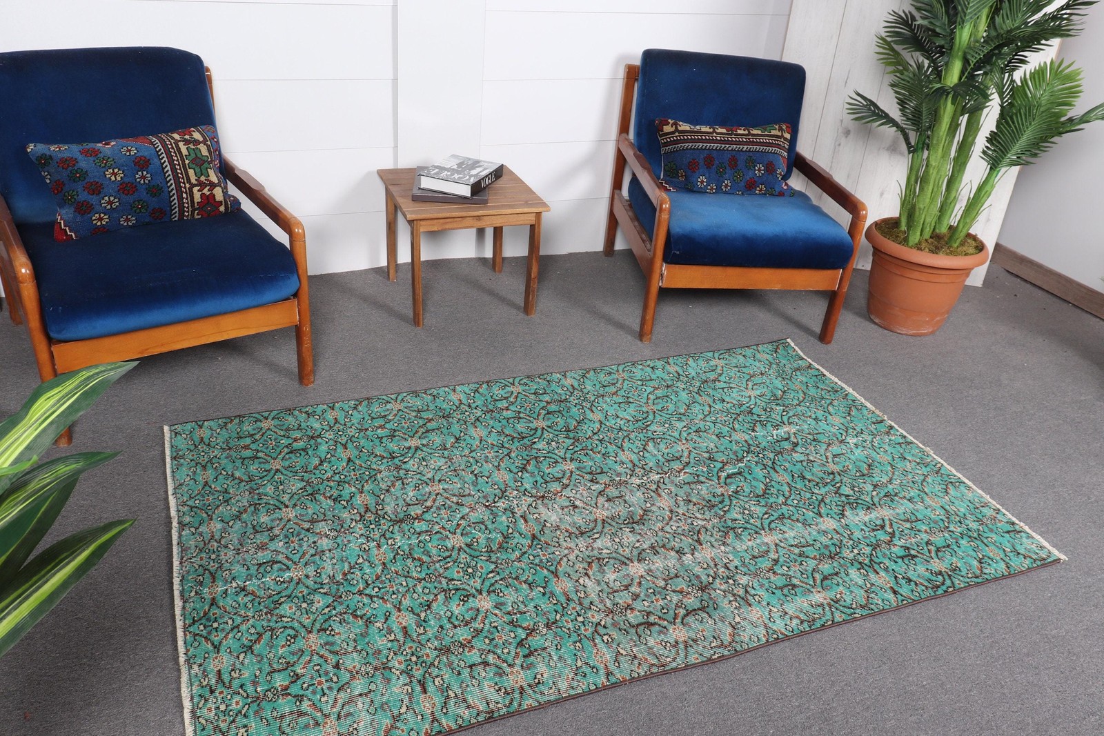3,8×6,4 ft Turkish Rug, Blue Abstract Vintage Wool Rug